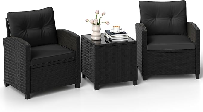 ORALNER 3 Pieces Patio Furniture Set, Wicker Conversation Set Outdoor Chairs with Cushions, Glass Coffee Table, Rattan Bistro Set for Front Porch Balcony Garden Deck Poolside (Black)