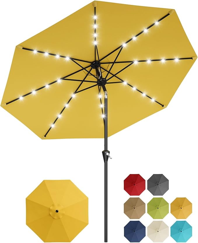 Garvee 9/10 FT Solar Patio Umbrella with 32 LED Lights - Outdoor Table Umbrella with Crank Lift, Push Button Tilt and 8 Sturdy Ribs - Market Umbrella UV Protection for Pool, Deck, Yard, Garden