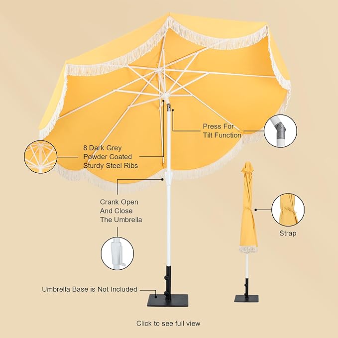 Tempera 9ft Yellow Scalloped Patio Umbrella with Fringe,UV Protection Fade Resistant Canopy, 8 Sturdy Ribs, Outdoor Table Umbrella with Crank Tilt for Lawn, Pool, Deck, Balcony