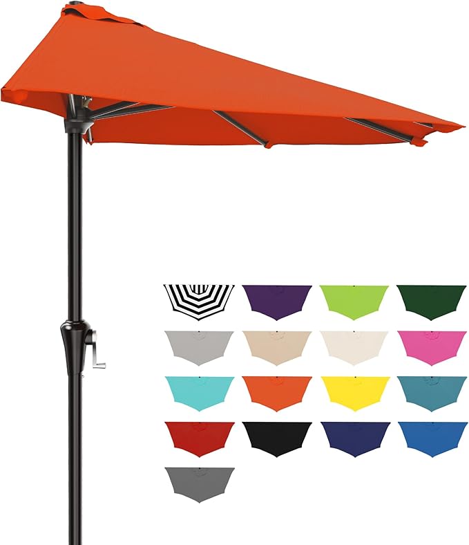 AreShark 9FT Half Patio Umbrella, Outdoor Wall Umbrella with Crank & 5 Sturdy Ribs, Table 1/2 Umbrella Patio for Garden, Deck, Balcony and Pool, Orange