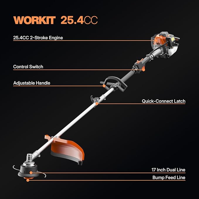 WORKIT 5-in-1 Gas Weed Wacker 25.4CC 2-Stroke Weed Eater Grass Trimmer, 17" String Trimmer 3/40T Brush Cutter, Hedge Trimmer Pole Saw, Heavy-Duty for Men & Professional Lawn Care