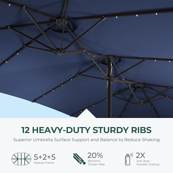 HOMSHADE Double Sided Patio Umbrellas - 13ft Solar Lights LED Lighted Outdoor Extra Large Market Table Umbrella with Base Included, Oversized Umbrella for Deck, Pool, Backyard