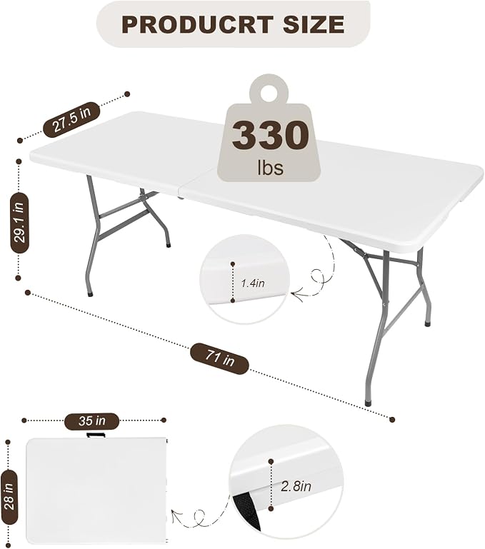 6ft Folding Table Portable Heavy Duty Plastic Utility Foldable Table Indoor Outdoor for Camping, Party with Handle, Lock - White (6 FT & Tablecloth)