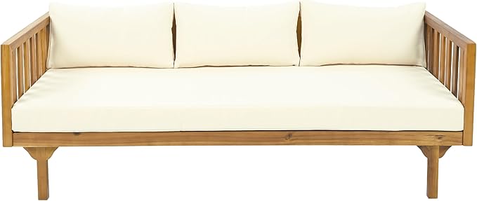 Christopher Knight Home Charm Patio Conversation Set, 3 Seater Acacia Wood Sofa, Spacious Seating Daybed, Wood Coffee Table, Round Side Table, Outdoor Furniture for Backyard Garden Gathering, Beige