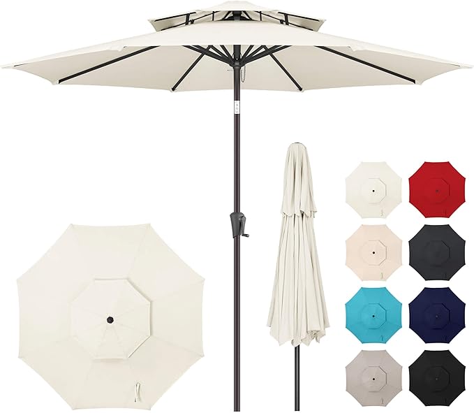 9ft Outdoor Patio Umbrella - 2-Tier Table Umbrella Waterproof UV Protection, Sombrillas de Patio with Push Button Tilt, Sun Umbrella for Pool, Porch, Garden, Backyard (Ivory)