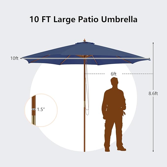 HAPPYGRILL 10 FT Wooden Patio Umbrella with Rope Pulley Lift, 8 Bamboo Ribs, 3 Adjustable Heights, Vented Roof, Outdoor Table Umbrella for Garden Poolside Backyard (Navy)