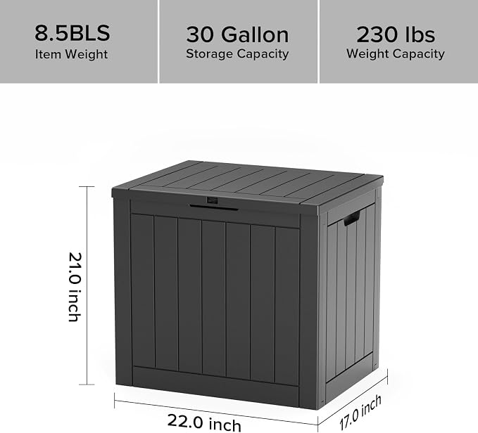 PatioZen 30 Gallon Resin Deck Box with Lockable Lid, Waterproof storage box for Patio Furniture, and Garden Tools, Black