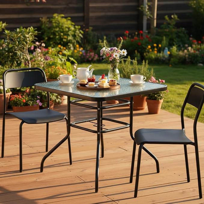 Premium Square Patio Table with 2 In Umbrella Hole,32 In Tempered Glass Top,Outdoor Coffee Table for Patio,Balcony, Backyard,Poolside,and Sunroom - Small Patio Table with Umbrella Hole (Square)