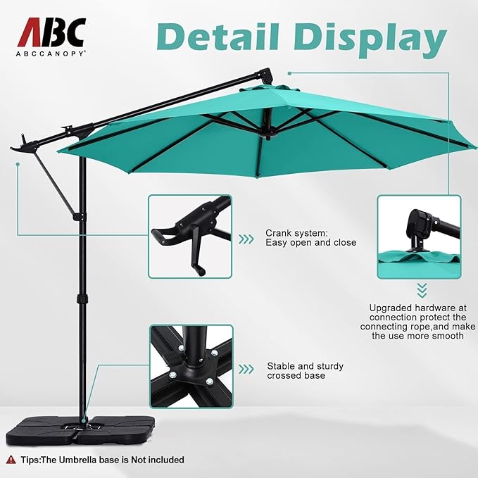 ABCCANOPY 10FT Cantilever Patio Umbrella with Base Stand, UV Protection Offset Hanging Outdoor Umbrella, 360° Rotation & Tilt Adjustment,Suitable for Pool, Deck, Garden, Backyard(Turquoise)