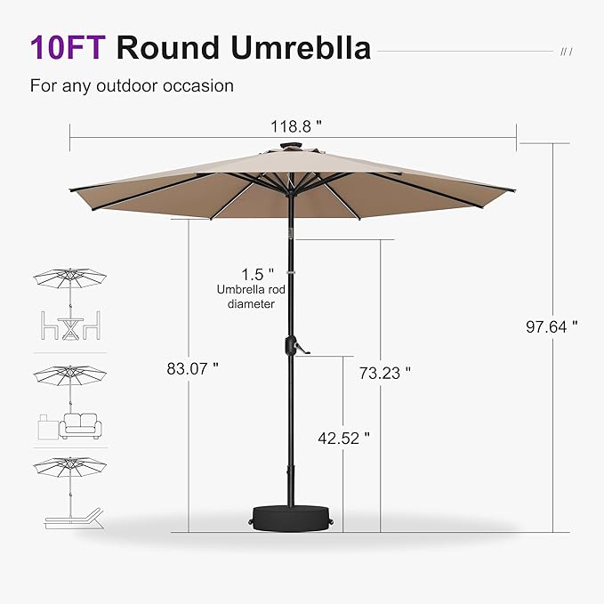 PURPLE LEAF 10' Round Patio Umbrella with Solar LED Outdoor Table Umbrella Aluminum Frame Market Umbrella with 8 Sturdy Ribs & Tilt for Garden Deck Lawn Pool Taupe