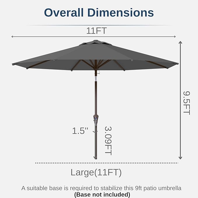 11FT Patio Umbrella, Outdoor Umbrella with with 8 Sturdy Fiberglass Ribs,Market Table Umbrella with Push Button Tilt and Crank,Suit for Backyard,Garden,Pool,Deck(Gray)