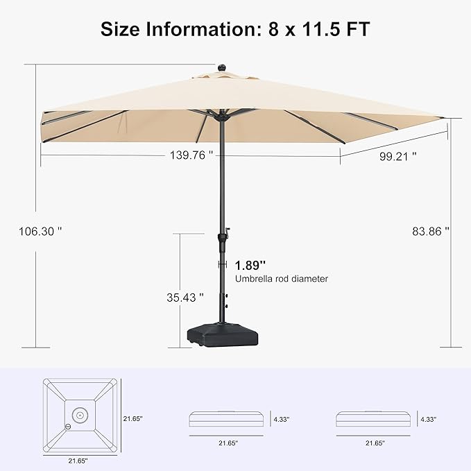 PURPLE LEAF 11.5' x 8' Rectangle Patio Market Umbrella with Base Outdoor Table Umbrellas Aluminum Frame Sun Shade with 8 Sturdy Ribs for Garden Deck Lawn Pool Beige