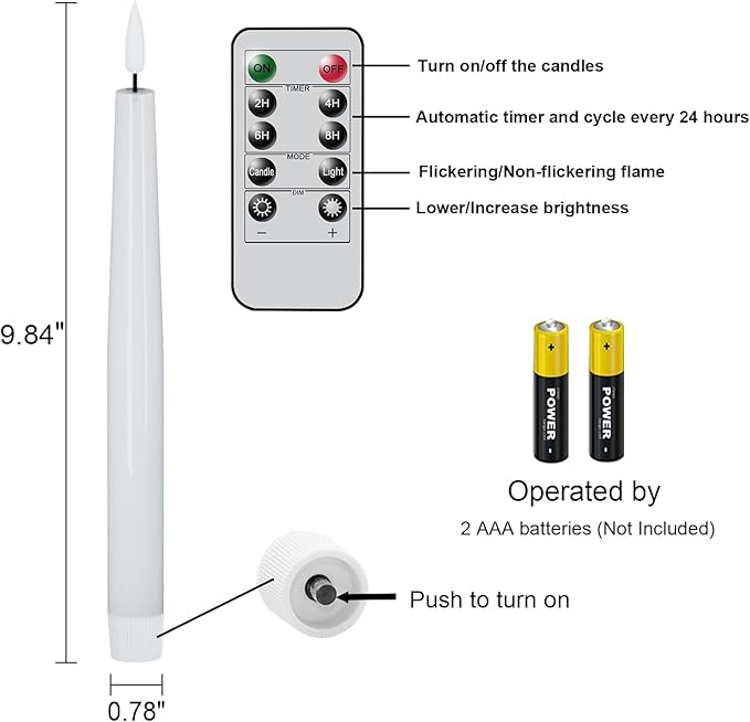 GenSwin Flameless Taper Candles with Remote, White LED Taper Candles Battery Operated, Real Wax Flameless Candlesticks with 3D Wick for Home Party Decor(Set of 3, 0.78” x 9.84”)