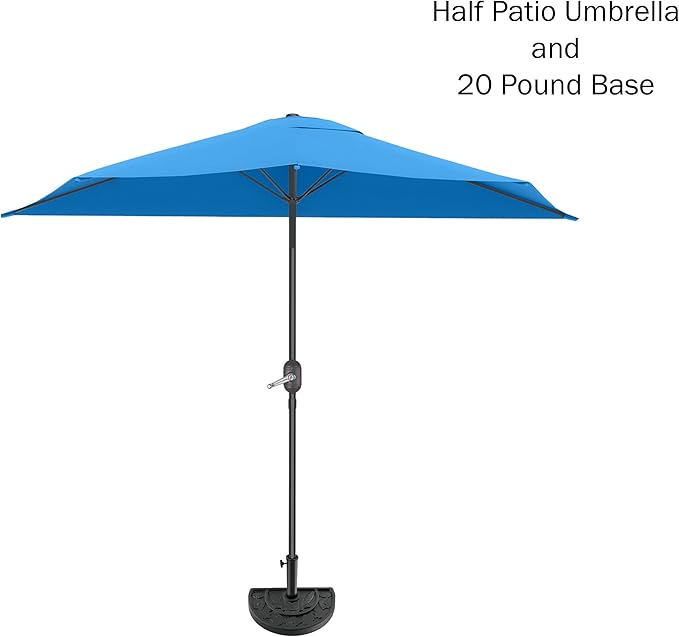 Half Umbrella Outdoor Patio Shade - 9 ft Patio Umbrella with Easy Crank and 20lb Weighted Base - Small Canopy for Balcony, Table, or Deck by Pure Garden (Sky Blue)