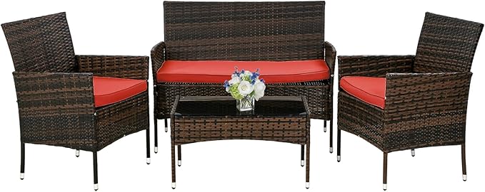 PayLessHere Outdoor Furniture Set 4 Pcs Modular Patio Furniture Set Water Resistant Conversation Set with 3 Rattan Chairs 1 Tempered Glass Topped Table for Patio Poolside, Brown Wicker/Red Cushions