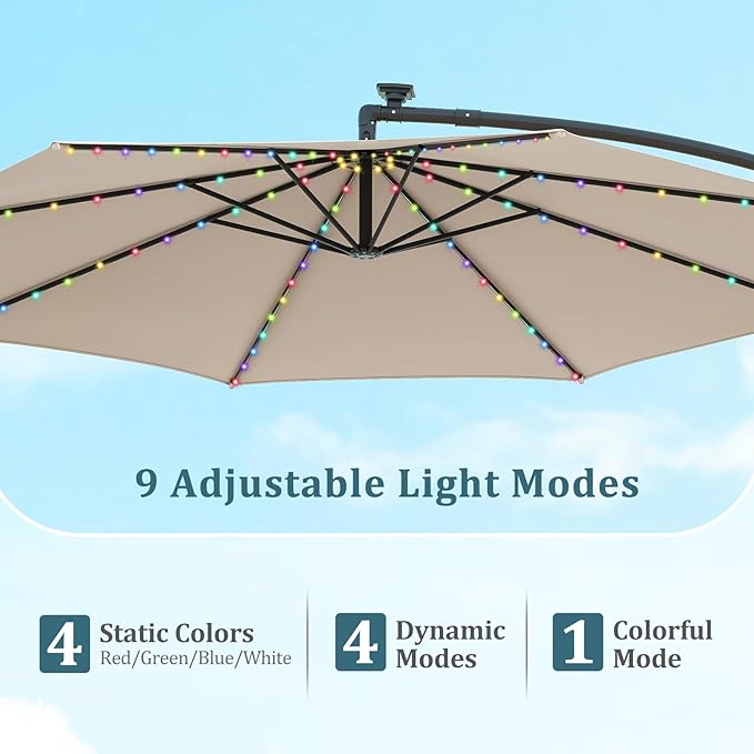 HAPPYGRILL 10 FT Offset Hanging Umbrella with Multi-Colored Flowing LED Lights, 9 Light Modes, Outdoor Patio Cantilever Umbrella with Base, Easy Tilt, 360° Rotation, Crank
