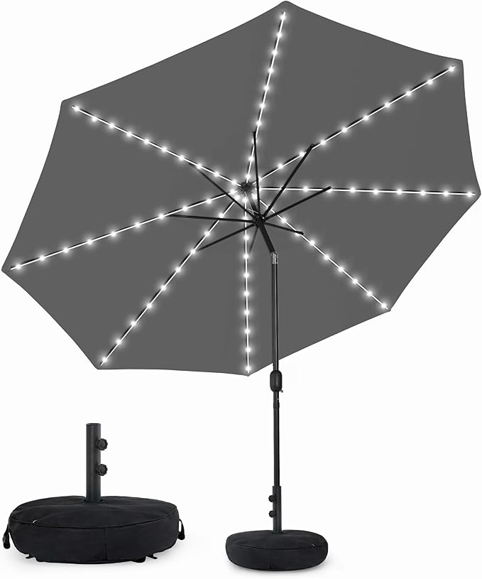 Sundale Outdoor Solar 80 LED 9 ft Patio Umbrella with Sand Bag Umbrella Base, Outdoor Umbrella with Tilt and Crank, Dark Grey