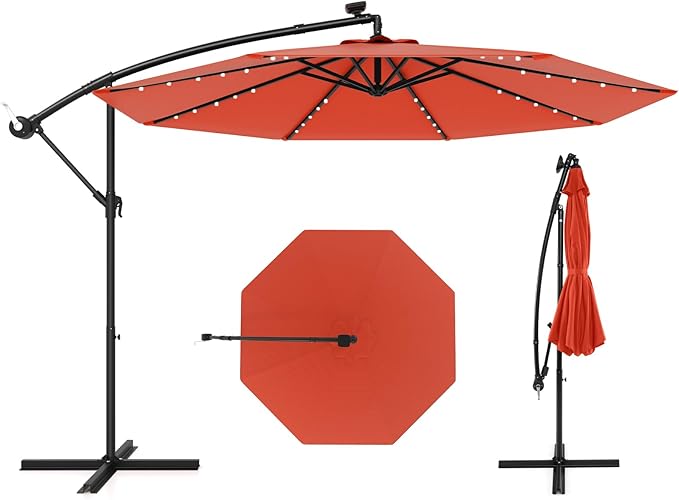 Tangkula 10 Ft Patio Offset Umbrella, 40 LED Lighted Market Umbrella W/8 Sturdy Ribs, Easy Tilt Adjustment & Crank, Polyester Shade, Ideal for Backyard, Garden, Seaside, Store, Pool (Orange)