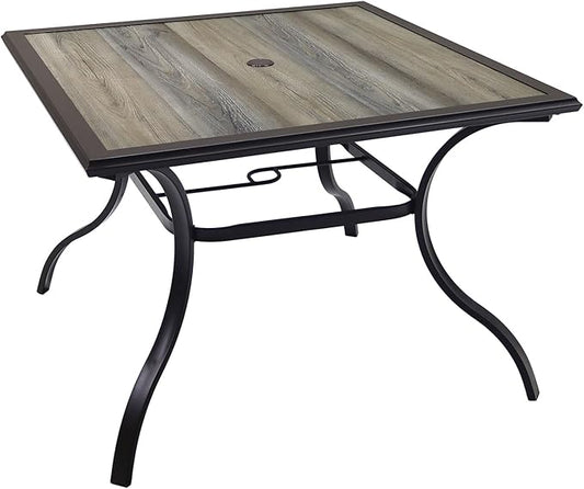 Anmutig Outdoor Dining Table with Square Wooden-Like PVC Table Top and Umbrella Hole for Bistro, Garden, Poolside, Backyard -Laminated Top Black Metal Steel Frame