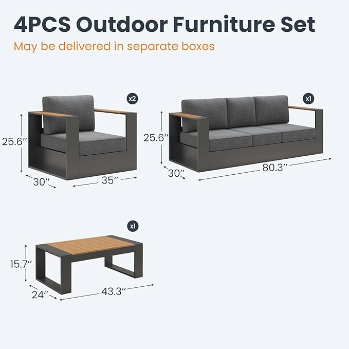 Aluminum Patio Furniture Set, 5 Seats Luxury Seating Furniture with Coffee Table, All Weather Outdoor Conversation Sets with 6" Thickened Cushions