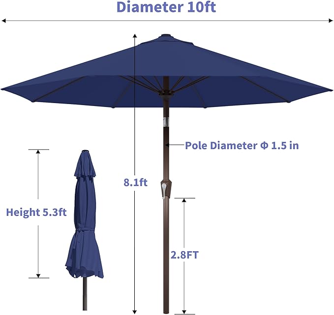 Kingdura 10FT Outdoor Patio Umbrella, Market Table Umbrella with Push Button Tilt and Crank, 8 Sturdy Fiberglass Ribs, UV Protection for Pool, Lawn, Deck, Backyard, Garden (Navy blue)