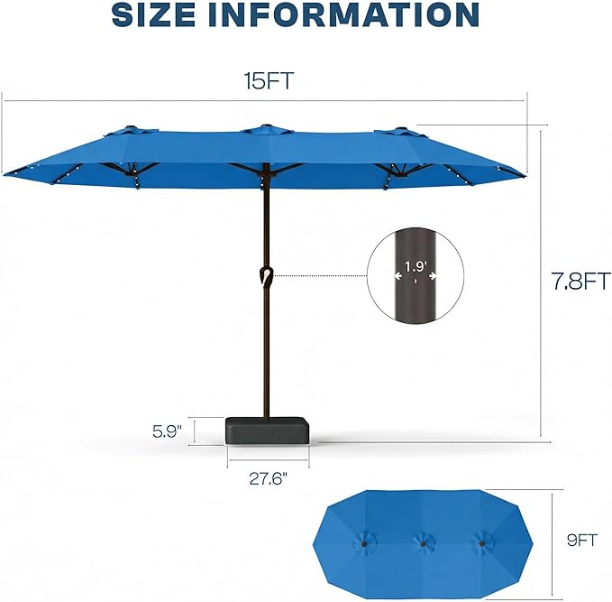 15FT Patio Umbrella with Solar Lights, Double-Sided Extra Large Outdoor Table Umbrella with Base Included, Heavy-Duty 12 Iron Ribs Market Umbrella for Garden, Pool, Backyard, Royal Blue