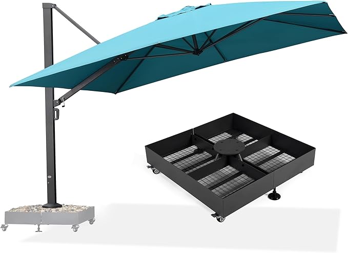 PURPLE LEAF 12' X 12' Square Patio Umbrella with Wheeled Base Large Offset Hanging Outdoor Cantilever Umbrella Included Base for Garden Deck Backyard Pool Turquiose Blue