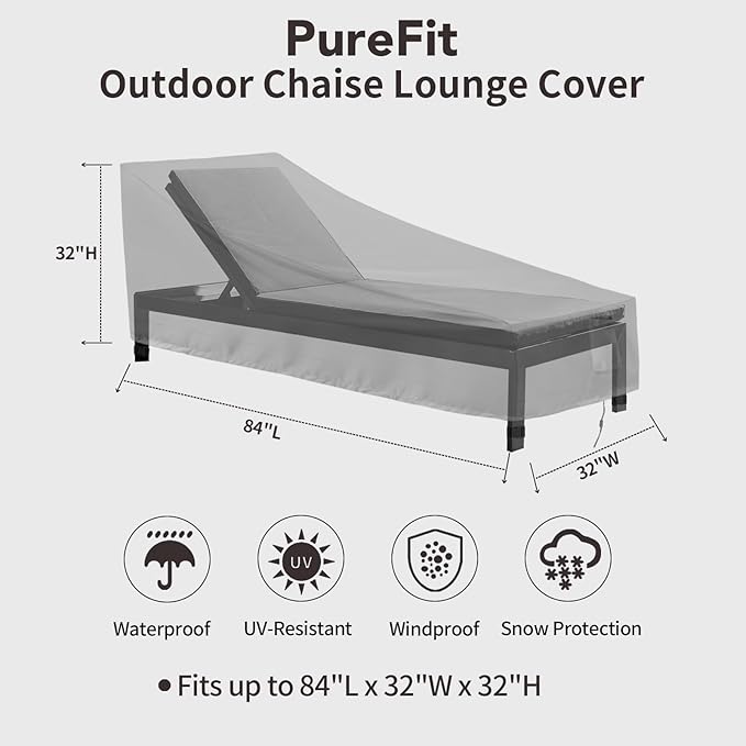 PureFit Outdoor Chaise Lounge Cover, Lounge Chair Covers Waterproof Patio Furniture Lounge Chair Cover, UV Resistant & Weatherproof, 1 Pack, 84"L x 32"W x 32"H Inches, Gray