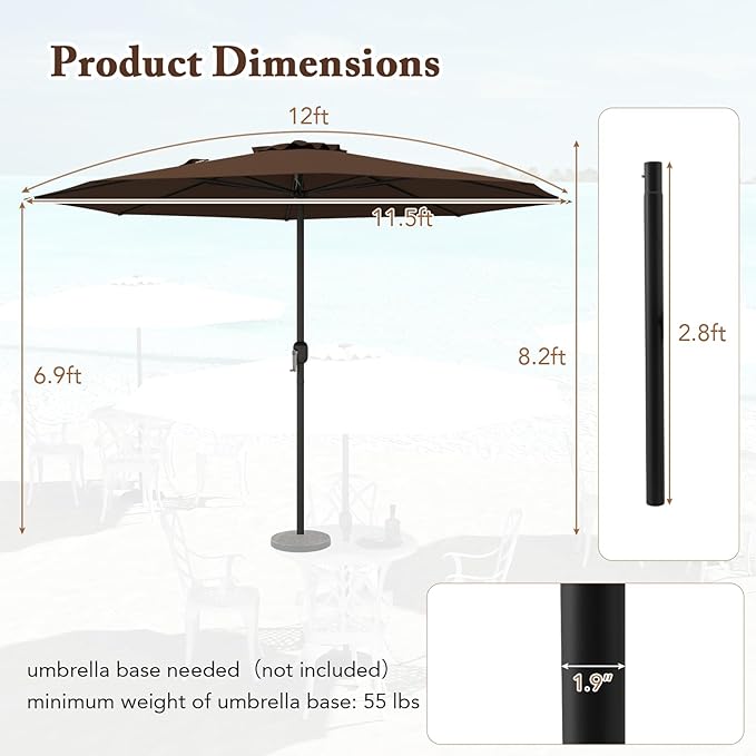 12FT Patio Umbrella, Outdoor Table Umbrella with Crank Handle, 8 Sturdy Ribs, Sun-protection & Waterproof Canopy, Top Air Vent, Market Umbrella for Garden, Lawn, Deck, Backyard, Poolside