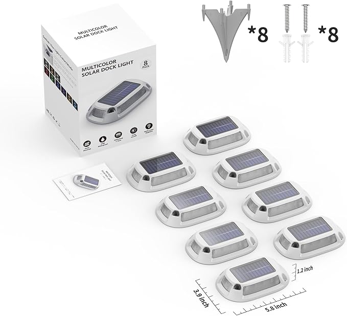 8Pack Aluminum Alloy Solar Driveway Lights, IP68 Solar Deck Light Marine Dock Lights Outdoor Waterproof, Multi-color LED Driveway Markers for Walkway, Path Decor [12Modes - Strobe/RGB/Fix-color]