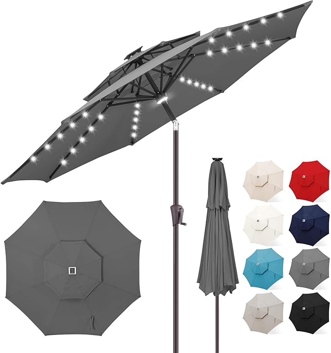 FLAME&SHADE 2 Tiers 9ft Solar Light Patio Umbrella, 40 LED lights outdoor umbrella with Centre Surround Light, Table Market Umbrella for Deck, Pool, Porch, Backyard, Garden (Anthracite)
