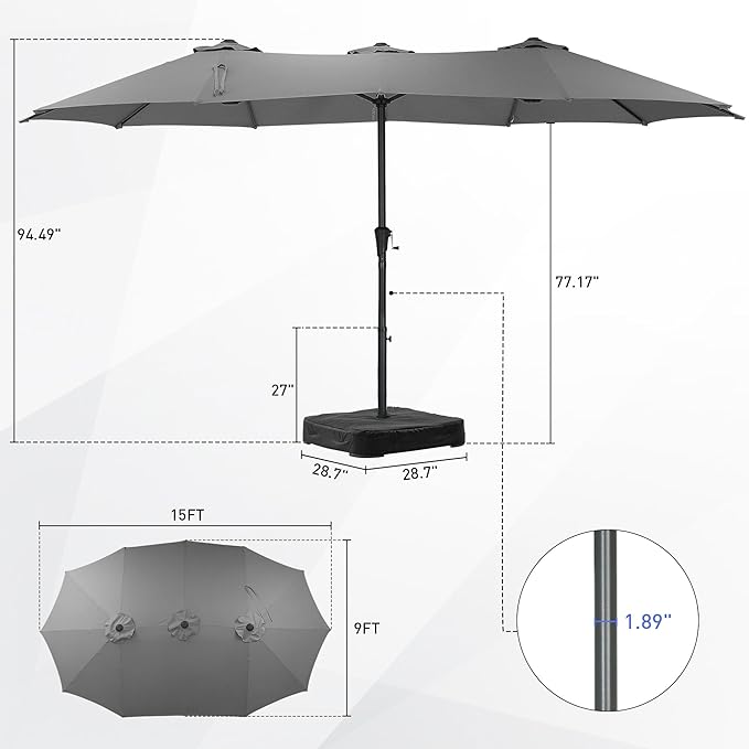 15 ft Patio Umbrella with Base, Large Rectangle Outdoor Umbrella with Matching Stand, Strap, Crank, Grey