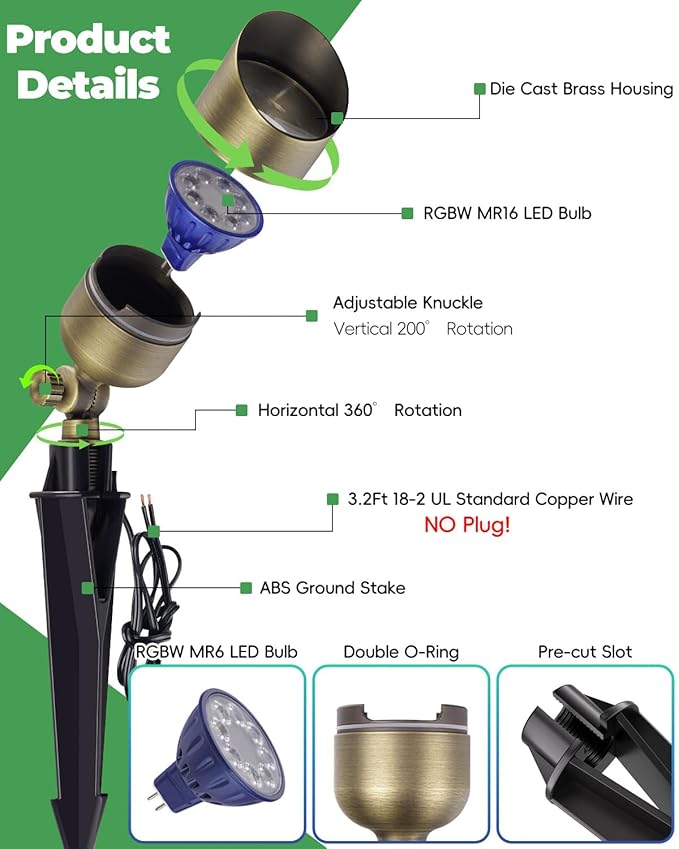 Low Voltage Landscape Lighting, Halloween Spotlight Outdoor, Color Changing Landscape Light, 12V Brass Spot Light with RGBW MR16 LED Bulb,Christmas Outdoor Decorations for Yard Garden Lawn