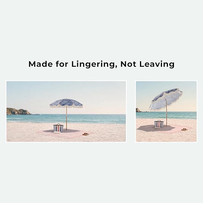 6FT Fringe Beach Umbrella for Sand, Boho Coastal Patio Umbrella with Tassels, UPF 50+ Sun Protection, Tilt, Carry Bag for Beach Vacation & Pool, Reef Indigo