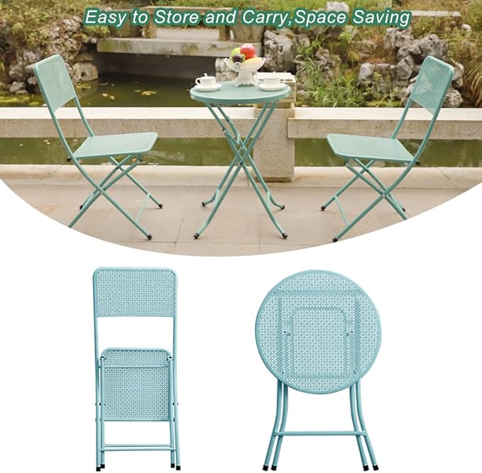 3-Piece Patio Bistro Set, Metal Folding Outdoor Patio Furniture Sets, Stainless Steel Patio Conversation Set with Folding Patio Round Table and Chairs for Yard, Garden or Balcony