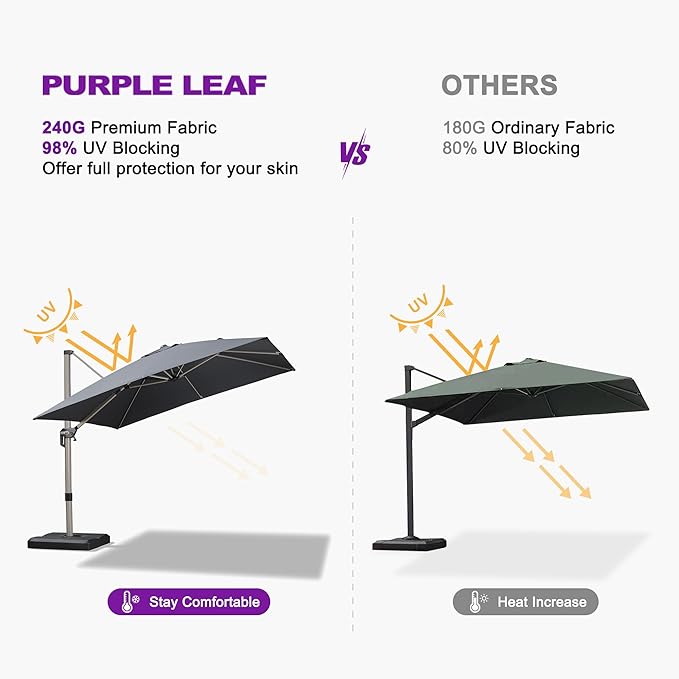 PURPLE LEAF 9’ X 9‘ Patio Umbrella Outdoor Cantilever Umbrella, Aluminum Offset Umbrella with Champagne Frame and 360° Rotation for Pool Deck Garden, Grey