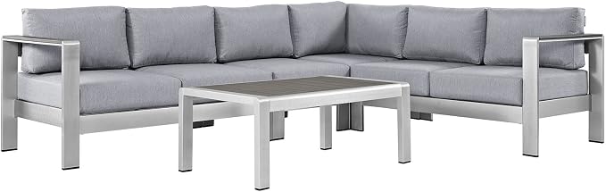 Modway Shore 5-Piece Aluminum Outdoor Patio Sectional Sofa Set in Silver Gray