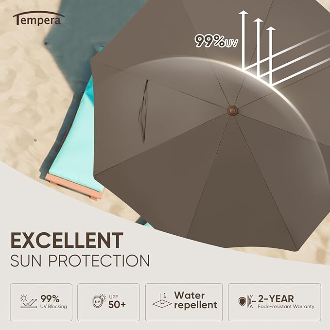 Tempera Heavy Duty High Wind Beach Umbrella with Sand Anchor & Carry Bag | Patio Outdoor Umbrella with Aluminum Frame and Push Button Tilt, Ideal for Travel Garden Lawn, UPF 60+