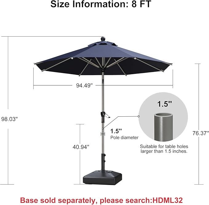 PURPLE LEAF 8' Round Patio Umbrella with Tilt Adjustment, Outdoor Table Umbrella Champagne Aluminum Frame, Market Umbrella Pool Umbrella for Deck Garden, Patio, or Poolside