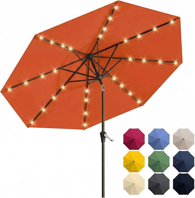 10FT Solar Patio Umbrella with Lights, Outdoor Table Market Umbrella with 32 LED Lights, 8 Sturdy Ribs, Push Button Tilt and Crank for Pool, Deck and Garden, UV-Resistant