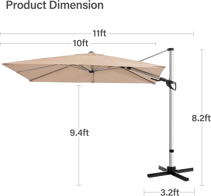 LAUSAINT HOME Patio Umbrella Outdoor, 10 Feet Cantilever Umbrella Aluminum Offset Umbrella with 360-degree Rotation for Backyard, Pool, Lawn, Deck (Square, Khaki)