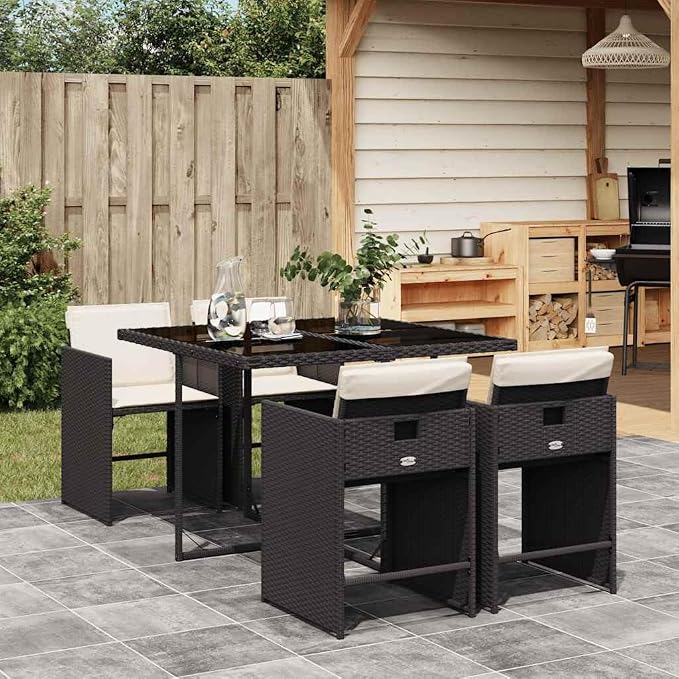 5 Piece Patio Dining Set, Foldable Rattan Garden Table and 4 Chairs with Cushions, Space Saving Cube Outdoor Furniture, Black