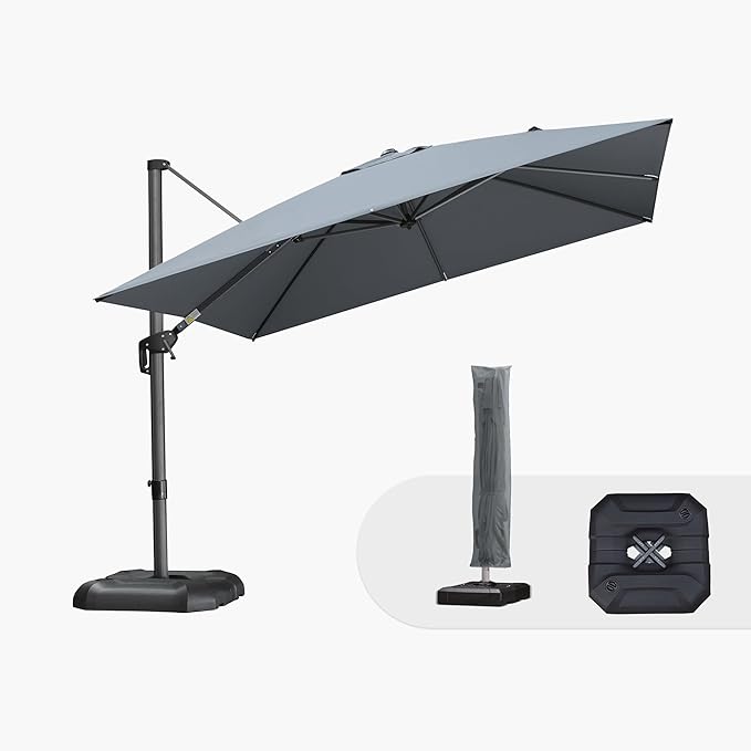 PURPLE LEAF 10'×10' Patio Umbrella with Base and Cover Outdoor Umbrella Large Cantilever Windproof Offset Umbrella Heavy Duty Sun for Garden Deck Pool Patio Light Grey