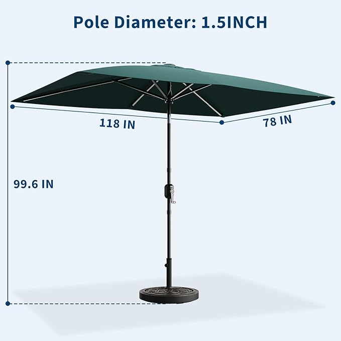 Garvee 10' x 6.5' Rectangular Patio Umbrella, Outdoor Table Umbrella with Crank and Push Button Tilt, Market Umbrella Sun Umbrella with 6 Sturdy Ribs Tilt for Garden, Deck, Lawn, Pool -Turquoise