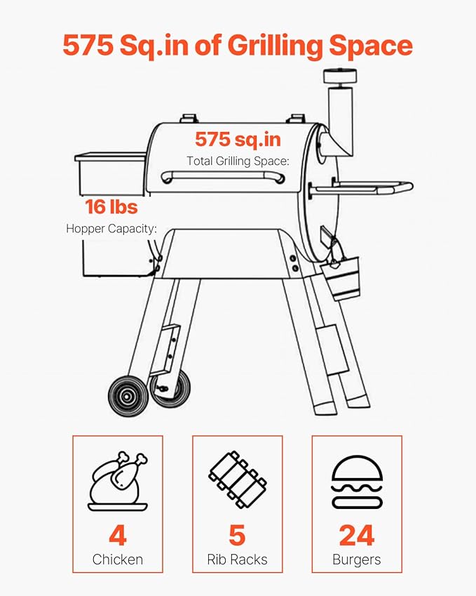 VEVOR Wood Pellet Grill Smoker, 8 in 1 BBQ Grills for Outdoor Cooking, 575 Square Inches Cook Area Electric Grill and Smoker, with LCD Screen Controller, Meat Probe, 500°F Max Temperature, Black