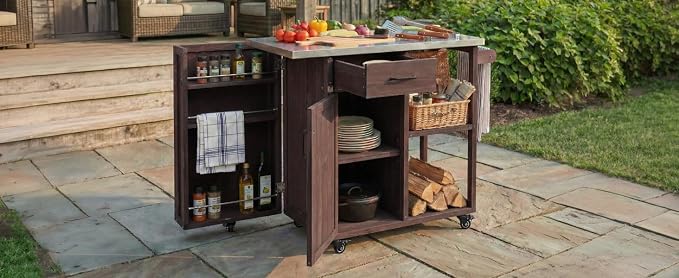 Outdoor Storage Deck Box Cabinet with Stainless Steel Worktop, Fir Wood Patio Prep Station with Lockable Wheels and Towel Rack for Backyard Organization, 40.5 inch, Dark Brown