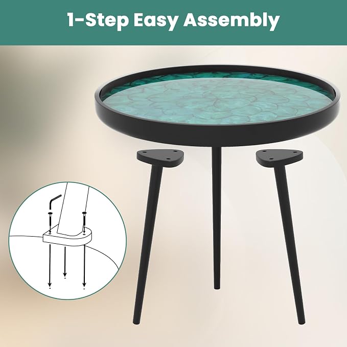 Giantex Outdoor Side Table, Round End Table with Epoxy Resin Finish, Sea Shell Decoration, Mahogany Wood Frame, Tray Top, Patio Side Table for Living Room, Pool, Yard, Porch (Green, 20” x 20” x 21.5”)