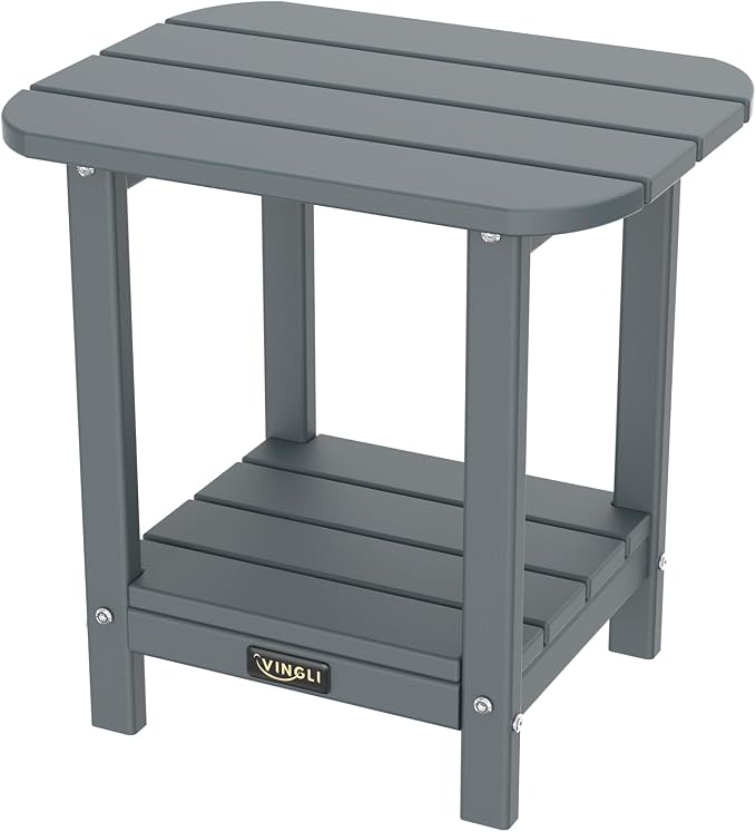 VINGLI Outdoor Side Table, 2-Tier HDPE Adirondack Side Table with Storage, Weather-Resistant Patio End Table for Backyard, Pool, Deck, Indoor Use (Grey)