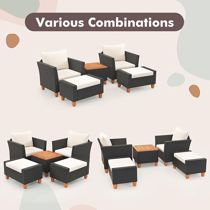 Tangkula 5 Pieces Patio Furniture Set, PE Rattan Chairs with Storage Table, Ottomans, Soft Pillows & Cushions, Acacia Wood Tabletop & Legs, Outdoor Conversation Set for Porch, Garden (White)