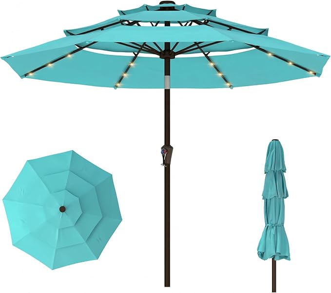 10ft 3-Tier Patio Umbrella with 32 Solar Powered LED Lights, Windproof Outdoor Market Umbrella for Deck, Poolside & Garden, Sturdy Push-Button Tilt Table Umbrella, Aqua Blue
